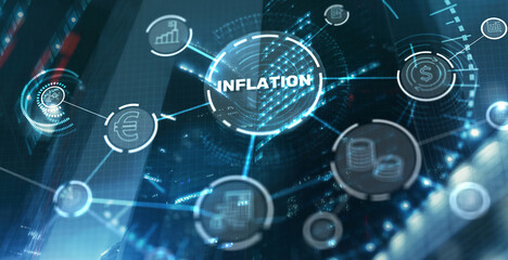 Inscription Inflation on virtual screen. Sustained increase in the general level of prices for goods and services
