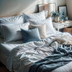 Fototapeta na wymiar a bed with white sheets and blue pillows, a stock photo featured on shutterstock, postminimalism, stockphoto, stock photo, soft light