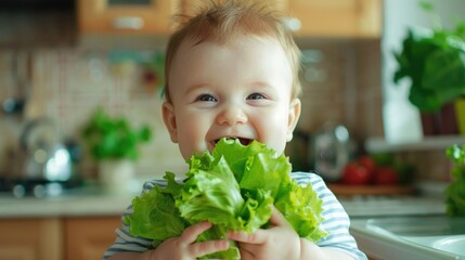 Joyful Baby with Fresh Lettuce in Kitchen