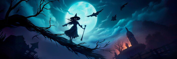 witch on a broomstick during Halloween night. Generative AI
