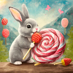 대형 사탕을 먹고 있는 귀여운 토끼