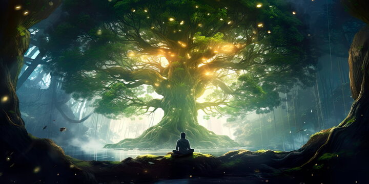 meditating under a huge bodhi tree, which symbolizes enlightenment. Generative AI