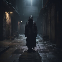 Fototapeta premium Mysterious hooded figure in a dark alley. 