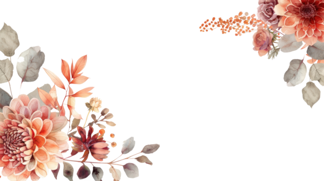 dahlia, rose and eucalyptus leaves Watercolor illustration transparent background