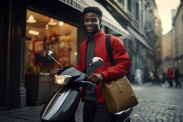 Cheerful man with scooter wearing red jacket, city lifestyle. Mobility, fashion, travel