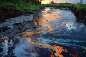 A polluted river delta with oil slicks and chemical runoff - obrazy, fototapety, plakaty