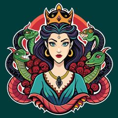 Tshirt Sticker of a Slay with Serpents Venomous Vibes Only - Capture the essence of empowerment with a sticker featuring a confident beautiful Queen horror girl surrounded by coiling anacondas