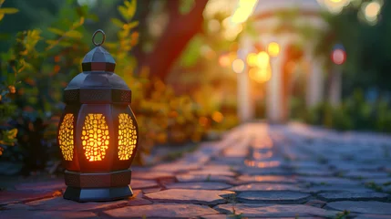 Foto op Canvas Traditional lantern illuminating a garden path at dusk, ideal for Ramadan Kareem background with ample space for text on the right © fotogurmespb