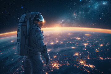 Space Traveler: An astronaut watches the planet Earth - obrazy, fototapety, plakaty