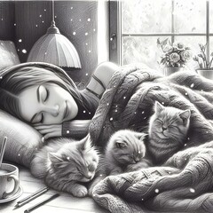 Girl sleeping with beautiful kitten.girl and cats sleeping.beautiful seen.