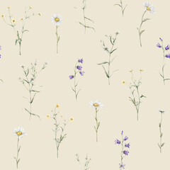 Seamless pattern watercolor meadow flower with white chamomile and violet bluebell. Repeat wallpaper forest flower yellow ranunculus. Hand drawn illustration on isolated background.