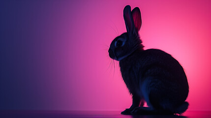 Silhouetted rabbit against a vibrant pink and blue gradient background, ideal for Easter holiday designs with ample copy space