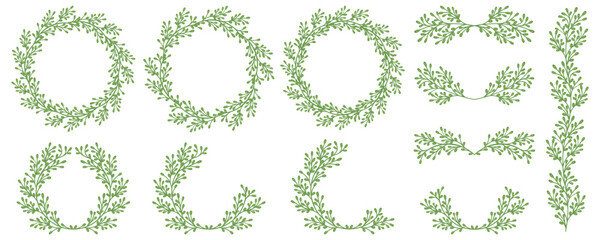 Luxury botanical green frame elements on white background. Set of round shapes, eucalyptus leaves, leaf branches. Elegant foliage design for wedding, cards, invitations, congratulations