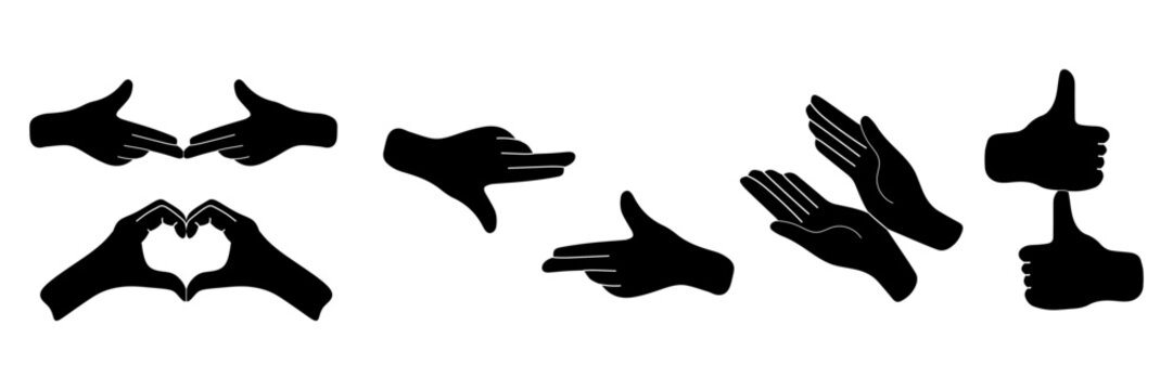 Vector collection of female and male hands in black silhouette with different gestures. Fashionable minimalistic style for logos, prints, designs, illustrations.