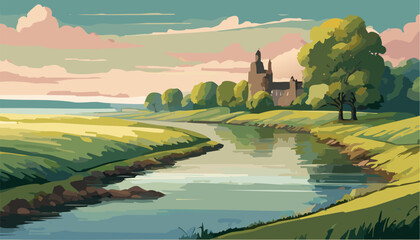 Scotland landscape with river and house - obrazy, fototapety, plakaty