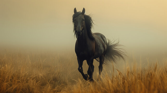 Galloping Black Horse in Golden Misty Field