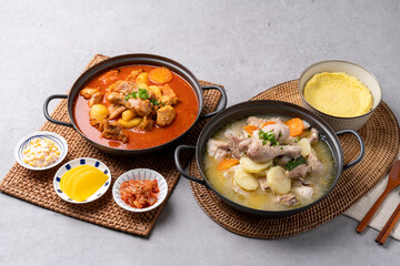 Chicken, spicy fish stew, spicy chicken stew, clear soup, steamed eggs, Korean food, side dishes, potatoes, carrots, kimchi, green onions