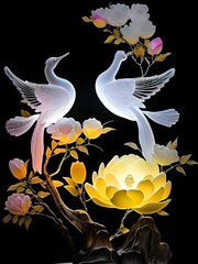 illustration of a bird and flowers.White dove is symbol of purity and peace.swan on the water.Flying swan on black background.