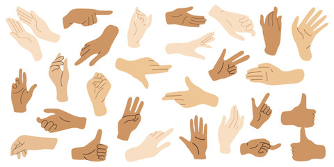 Set of hands in doodle style isolated human hands. Vector different hand positions	