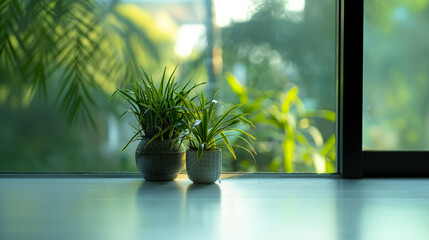 Éclosion de vie : Deux plantes en pot s'épanouissent dans un environnement verdoyant
 - obrazy, fototapety, plakaty