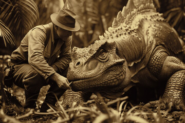Adventurous explorer in a fedora hat confronting a large animatronic dinosaur in a sepia-toned jungle setting, perfect for cinematic or storytelling concepts with copy space - obrazy, fototapety, plakaty