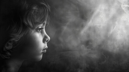 Side profile of a thoughtful child with abstract smoky background in monochrome, ideal for concepts of childhood, contemplation, and mystery, with copy space for text