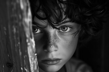 Black and white portrait of a curious child with freckles, peeking from behind aged wood, copy space, intense gaze, innocence and wonder concept