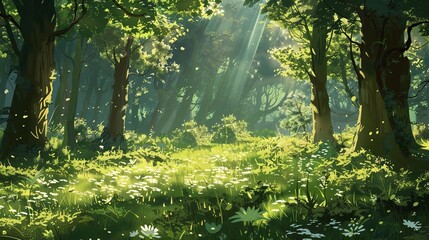 Sunrays Filtering Through Enchanted Forest Sunlight filters through the canopy of an enchanting forest, casting a magical glow over a verdant understory sprinkled with white flowers.

