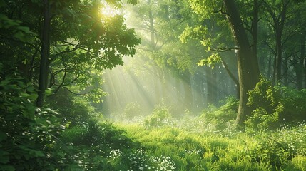 Morning Sunlight Piercing Through Verdant Forest A tranquil forest basks in the morning light, with sunbeams piercing through the rich green foliage, highlighting a carpet of soft wildflowers.

