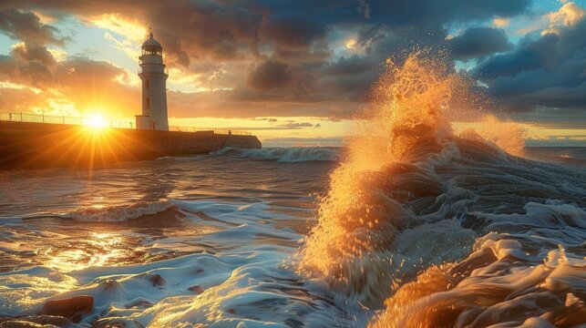 Waves crash over Seaham Lighthouse in the northeast. The evening sun