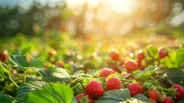 Sunset Glow on Fresh Strawberry Field The warm sunset glow bathes a field of ripe strawberries, highlighting the fresh, succulent berries nestled among vibrant green leaves.

