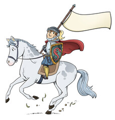 Knight riding horse with flag