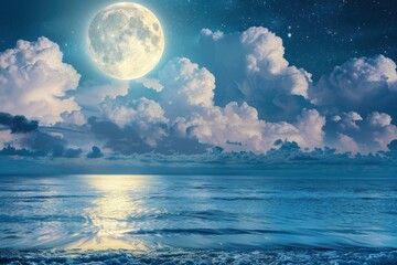 Fototapeta na wymiar White full moon in the sea all night. Clouds. Blue sea