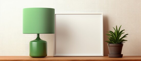 A green lamp is elegantly placed on top of a wooden table, exuding a minimalist and trendy hipster style decor in a room setting.