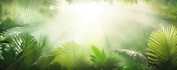 Sunlight through palm leaves creating a vibrant vacation banner background