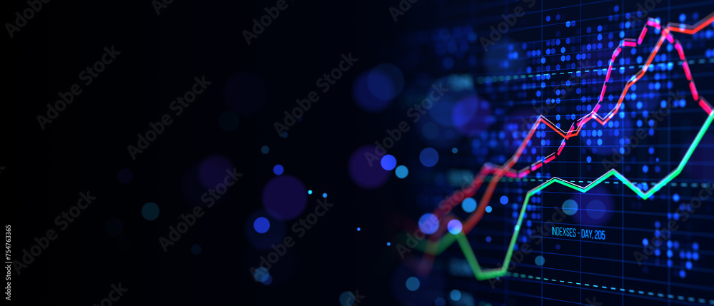 Poster abstract financial chart with upward trend lines on dark blue background. market analysis concept. 3