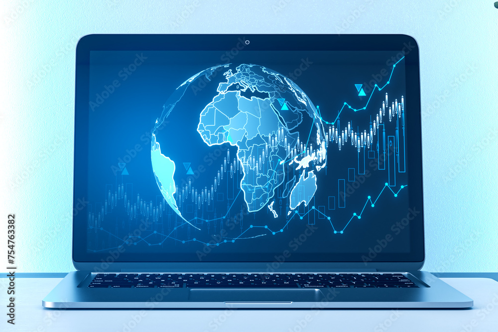 Poster close up of laptop computer with creative globe hologram with growing forex chart on blue background