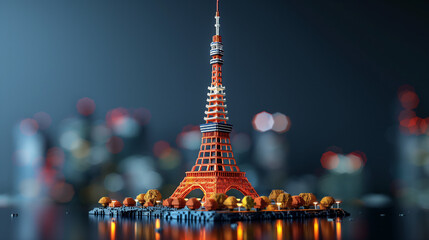 3Dモデリングされたボクセルアートの東京タワー - obrazy, fototapety, plakaty