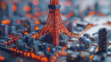 3Dモデリングされたボクセルアートの東京タワー