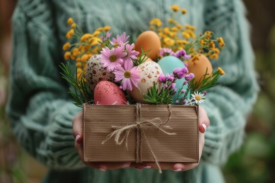 A young woman holds craft box with beautiful Easter arrangement. 