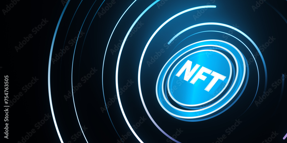 Poster creative round nft hologram on digital blue background. non-fungible token and digital blockchain ar