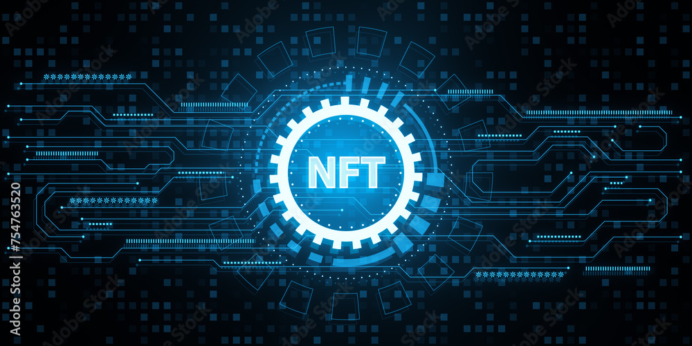 Aufkleber creative round nft hologram on digital blue circuit background. non-fungible token and digital block