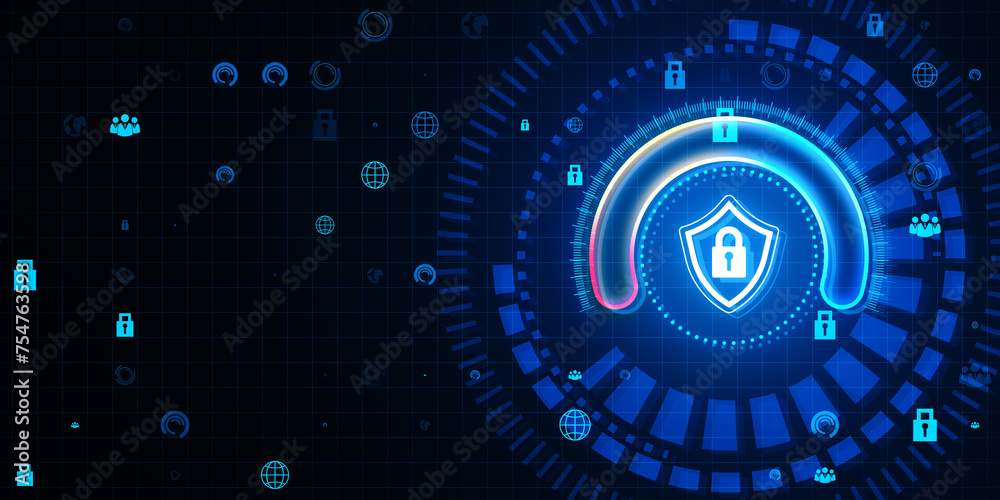 Poster creative glowing round padlock shield hologram on blurry blue background. digital safety, protection