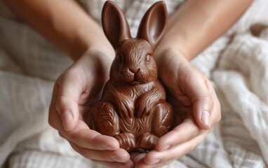 A close-up of woman's hands cradling an Easter chocolate bunny. Concept of Easter or chocolatier industry theme. 