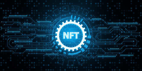 Creative round nft hologram on digital blue circuit background. Non-fungible token and digital...
