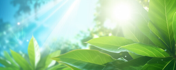 Fototapeta premium Sunlit fresh green leaves banner ideal for vibrant tropical vacation background