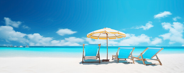 Beach umbrella and chairs on white sand banner background