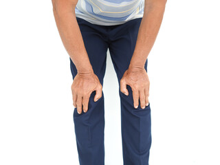 Middle aged man with knee pain on a white background. Health concept.