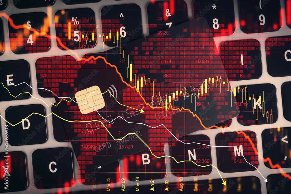 Poster close up of bank cards and laptop keyboard with abstract downward red forex chart on blurry backgrou