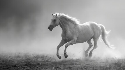Obraz na płótnie Canvas Horse Galloping in Misty Field: A Monochrome Portrait of Freedom